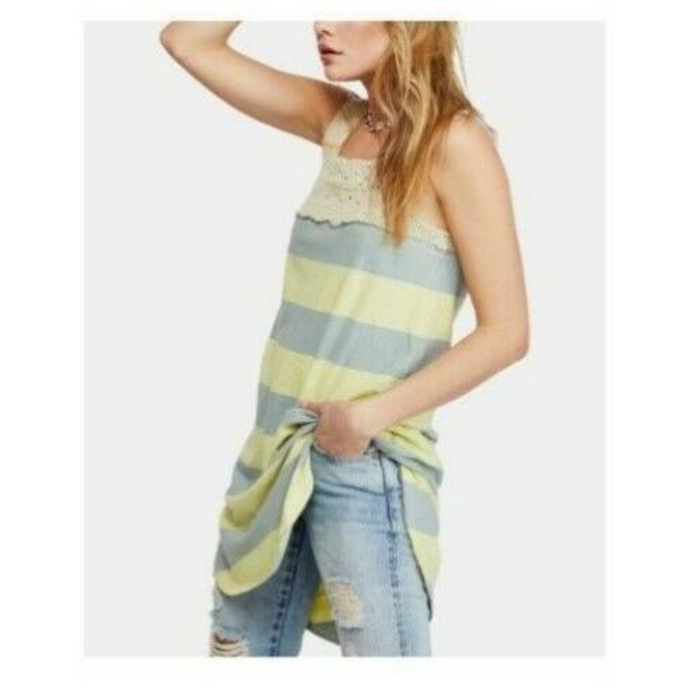 Free People Women Luca Casual Tank Top Boho Chic Striped Sleeveless GreenBlue M
